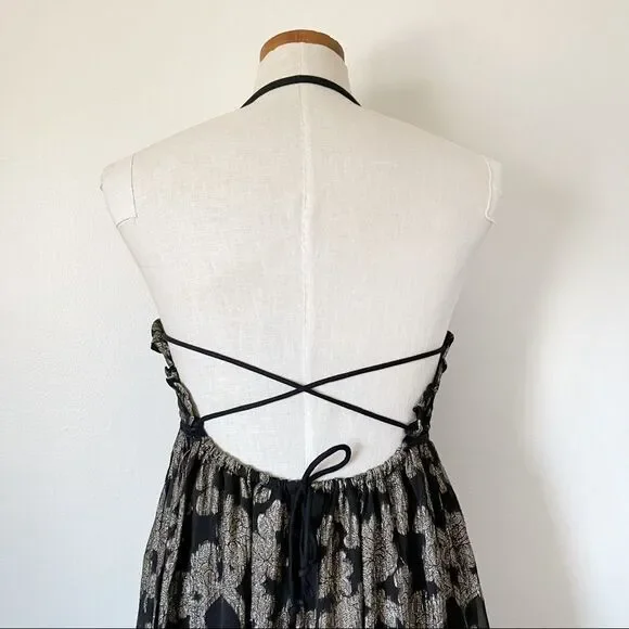 Free People Charlie Bustier Gold Metallic print Maxi dress tiered XS - Picture 5 of 8